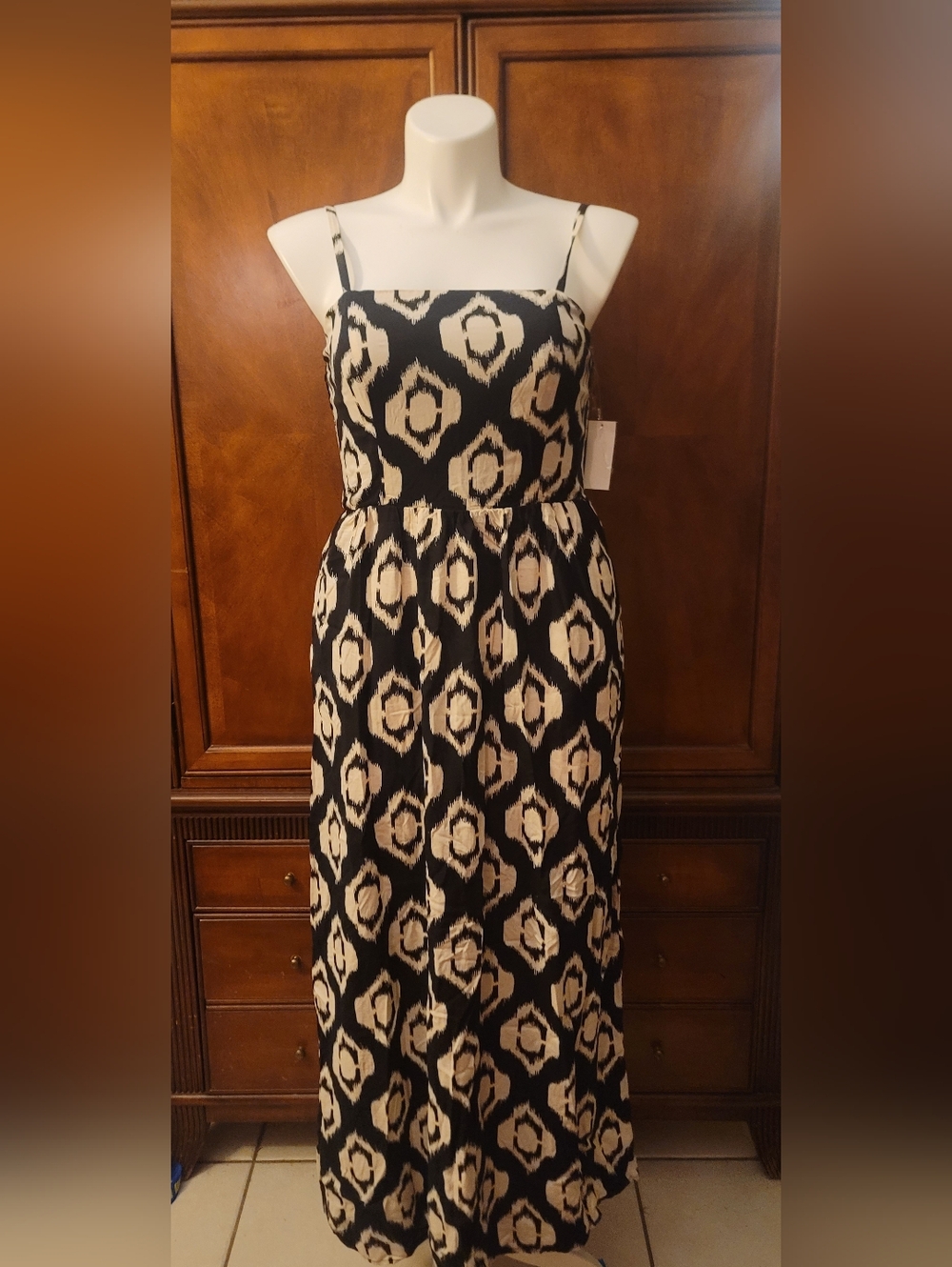 june & hudson Black and Cream Ikat-Print Spaghetti-Strap Maxi Dress